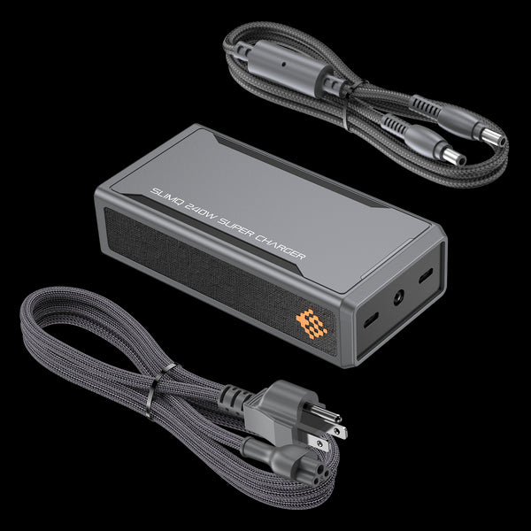 A gray SlimQ 240W gaming laptop adapter with a USB C connector, along with a power cord and a 3-prong output plug.