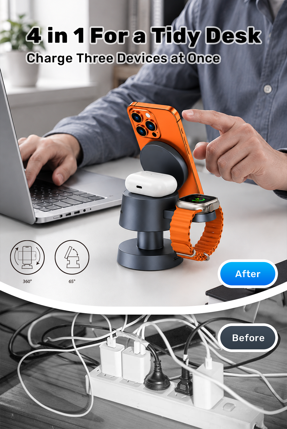 A 4-in-1 desk charging stand shown in use on a white desk, charging an orange smartphone, a white earbud case, and an orange smartwatch. A person's hands and torso are visible in the background working on a laptop, with before/after comparison graphics and icons at the bottom.
