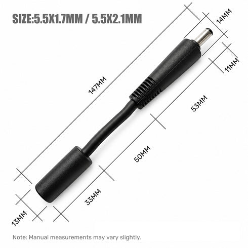 Black DC power adapter plug with dimension annotations showing measurements of 147mm, 53mm, 33mm, 13mm, 10mm, 14mm, and 50mm on a white background.