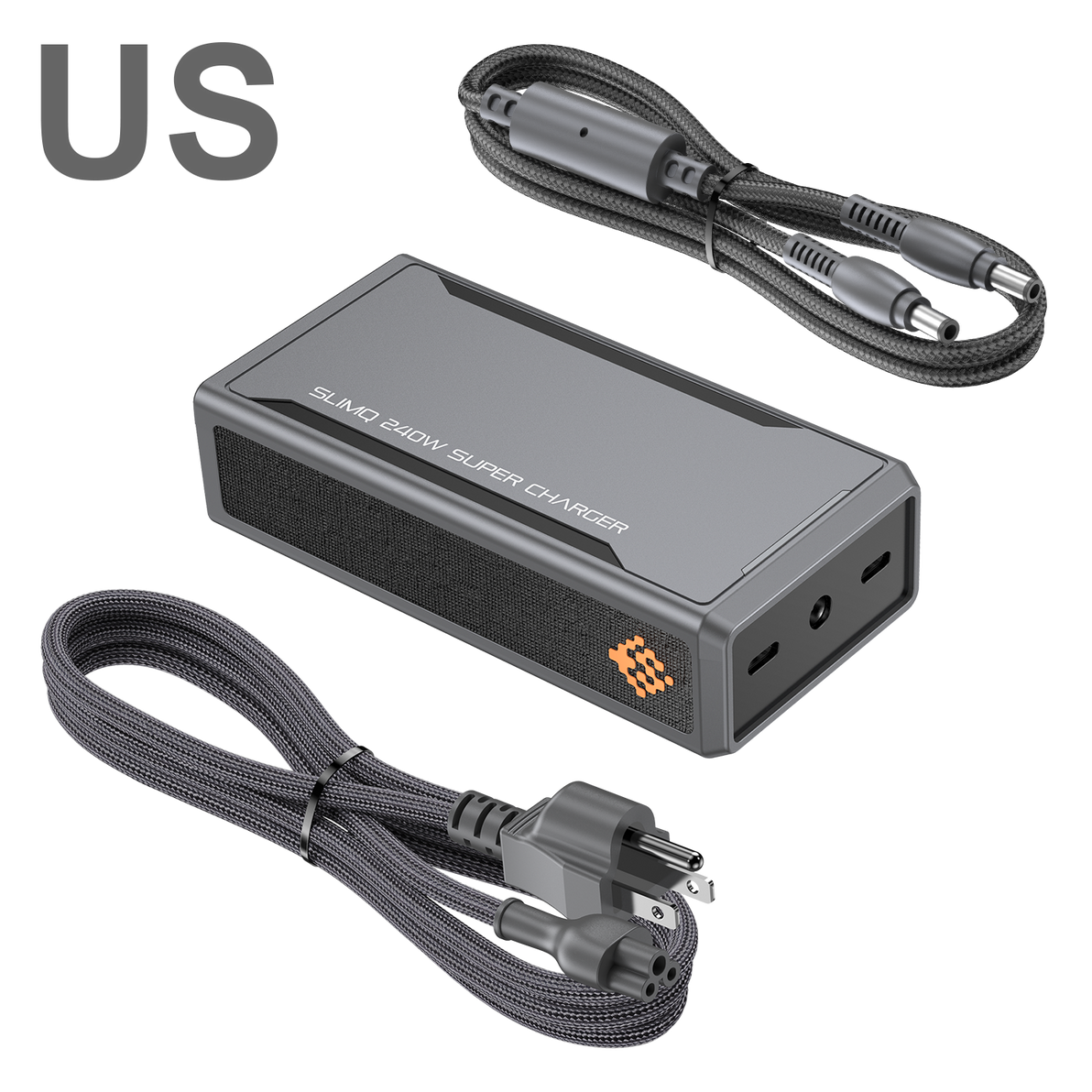 A gray SlimQ 240W gaming laptop adapter with a USB C connector, along with a power cord and a 3-prong output plug.