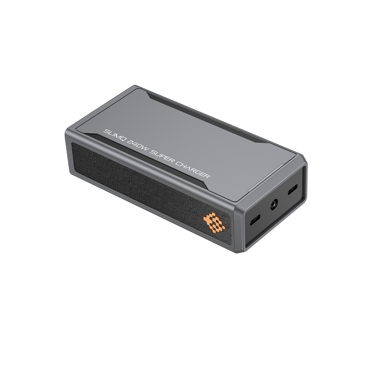 A black 240W USB C gaming laptop adapter with a three-prong design and a SlimQ logo on the front.