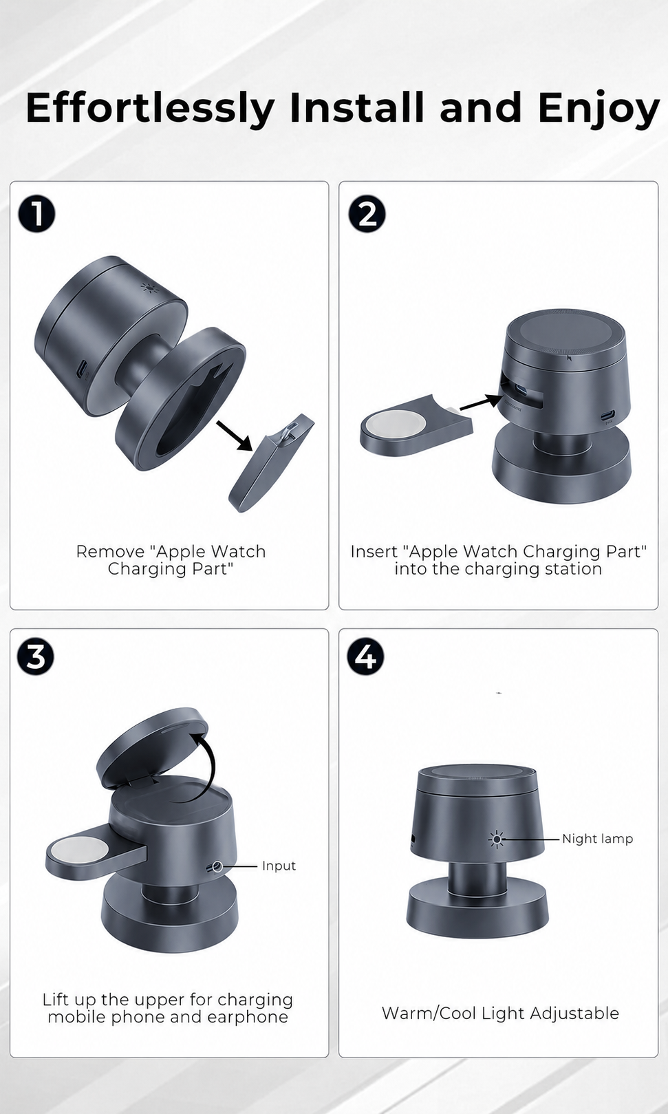 Instruction graphic showing how to install and use a dark gray Apple Watch charging station in four numbered steps with labeled callouts and text on a white background.
