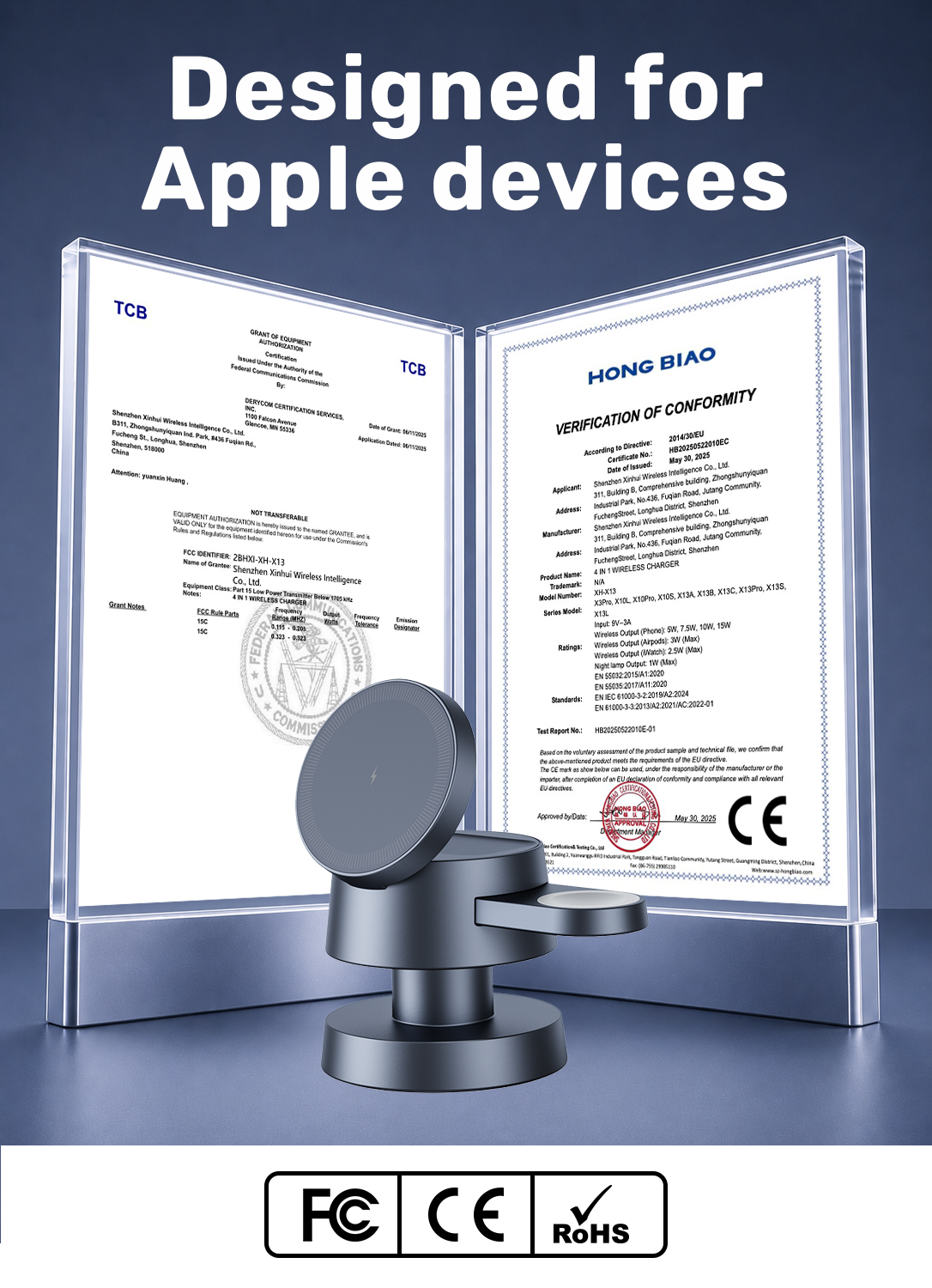 A dark gray wireless charging stand shown in front of two clear certification documents on a blue gradient background, with the text 'Designed for Apple devices' at the top and FCC, CE, and RoHS badges at the bottom.