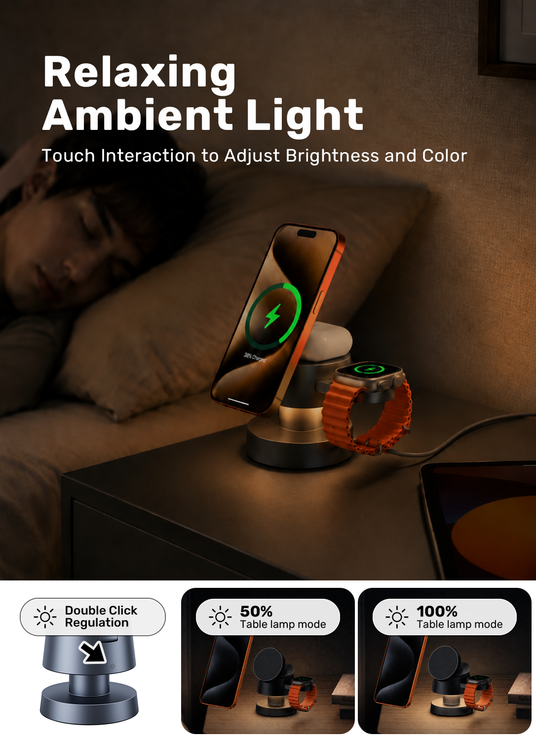A smart charging stand in a dimly lit bedroom scene, shown charging a smartphone and a smartwatch. Large text reads 'Relaxing Ambient Light' and 'Touch Interaction to Adjust Brightness and Color.