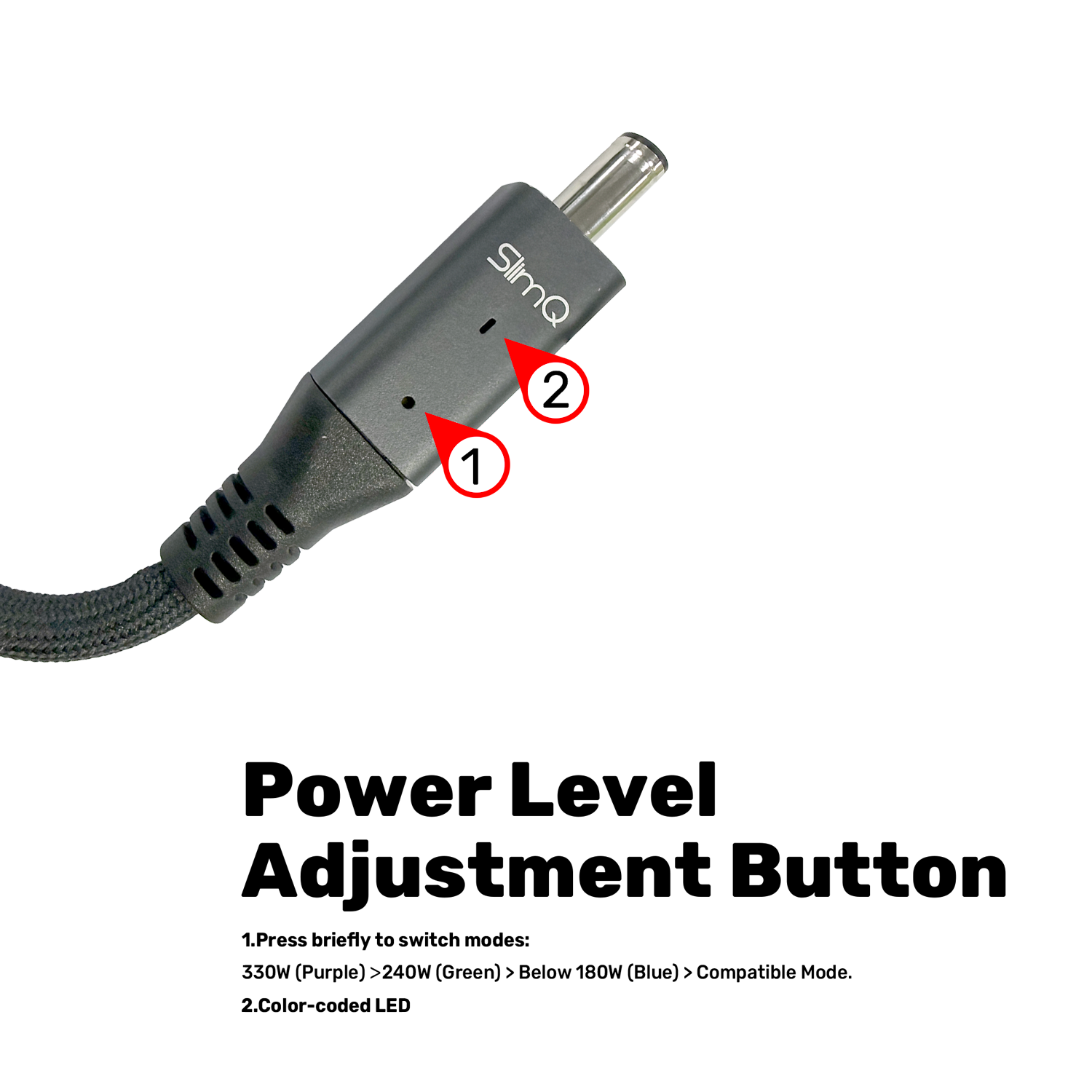 A close-up of a black SimQ power adapter with red numbered callouts (1) and (2) pointing to the power level adjustment buttons, with explanatory text below on a white background.