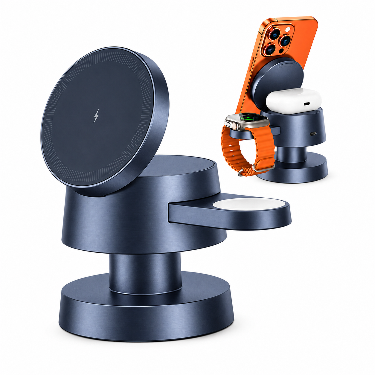 A dark blue multi-device wireless charging stand with a phone, smartwatch, and earbud case on its tiers, shown on a clean white background.