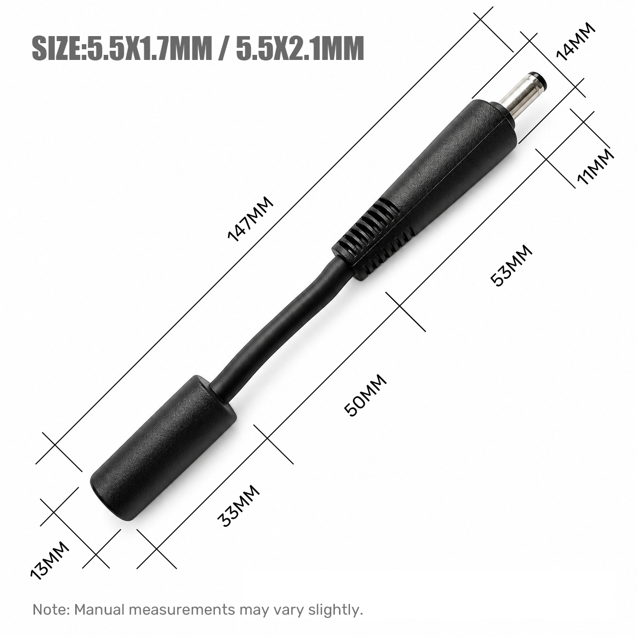 Black DC power adapter plug with dimension annotations showing measurements of 147mm, 53mm, 33mm, 13mm, 10mm, 14mm, and 50mm on a white background.